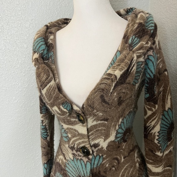 Floral Hooded Cardigan Sweater Button Down Brown Blue Artsy Funky - Picture 4 of 10